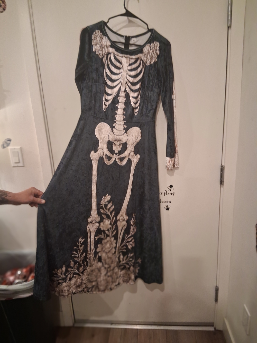 Skeleton Print Long Sleeve Dress - Black with Ivory Bone Design